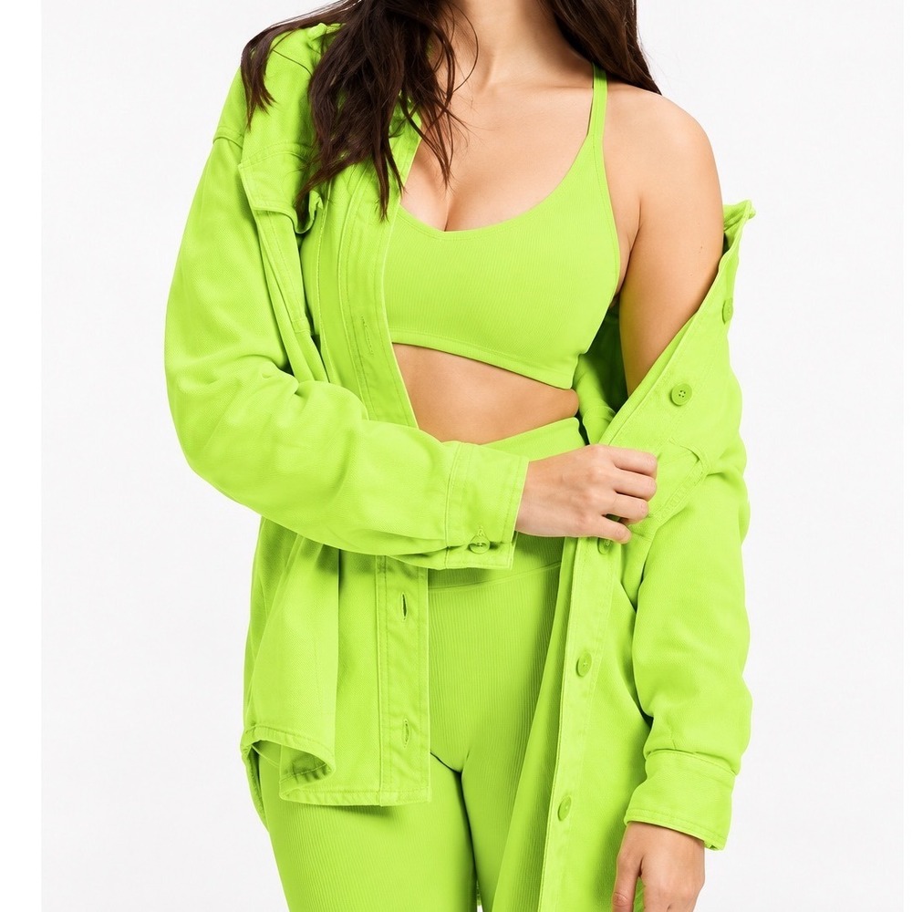 NWT Good American Fleece Shacket Neon Lime Green Oversized Cotton Pockets 3/4